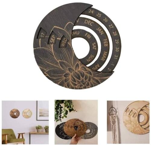2021 Wooden Wall Calendar with Floral Pattern Round Rotatable Perpetual Hanging Calendar Study Wall Basswood Craft Decorations