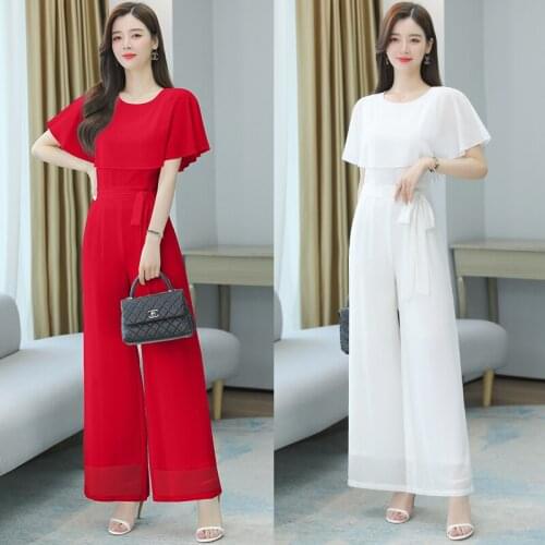 Summer 2021 Fashion Jumpsuit Chiffon Solid Wide Leg Pants One Piece Pants Mono Elegante Mujer Salopette Overalls Female Summer