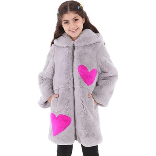 Modaqueen store girls gray color heart and panda figure accessory orylag rex rabbit fur jacket