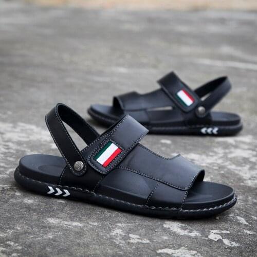 Men sandals leather new 2019 genuine shoes outdoor summer beach walking roman split flat handmade black male vietnam breathable