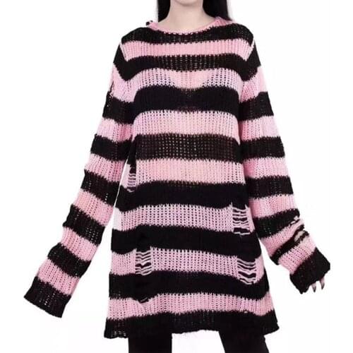 Hirigin New Fashion Women Hollow Knit Long/Short Sweater Adults Color Block Stripe Pattern Long Sleeve Round Neck Pullover