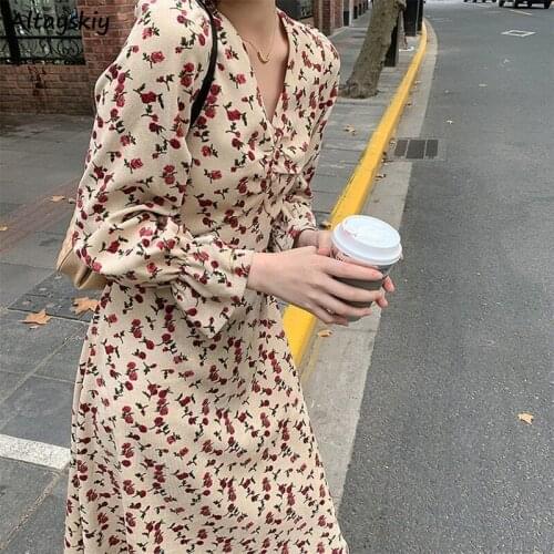 Dresses Women Puff-sleeve Ins All-match Soft Simple Mujer Leisure Harajuku V-neck Clothing College Korean Style Chic Floral Cozy