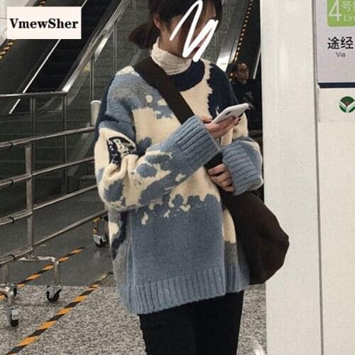 VmewSher New Chic Sweaters Women Fashion O Neck Loose Knitted Pullover Geometric Cloud Pattern Harajuku Long Sleeve Jumper Tops