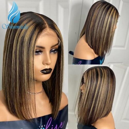 Shumeida Highlight Color 13*6*1 Lace Human Hair Bob Wigs For Black Women Brown Brazilian Remy Hair Wigs with Baby Hair