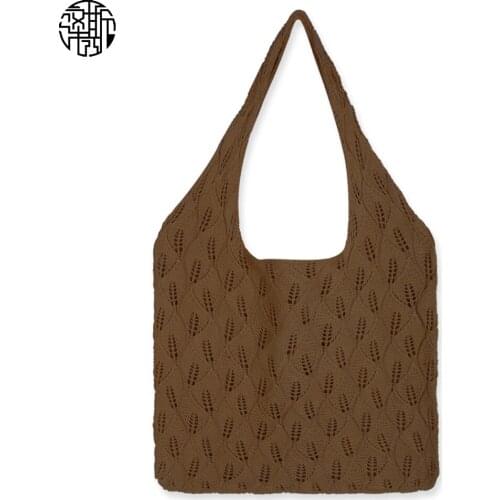 Zenos Elegant Style Knitted Hollow Cut Tote Bag Boho Style Durable Reusable Shopping Shoulder Bag For Female