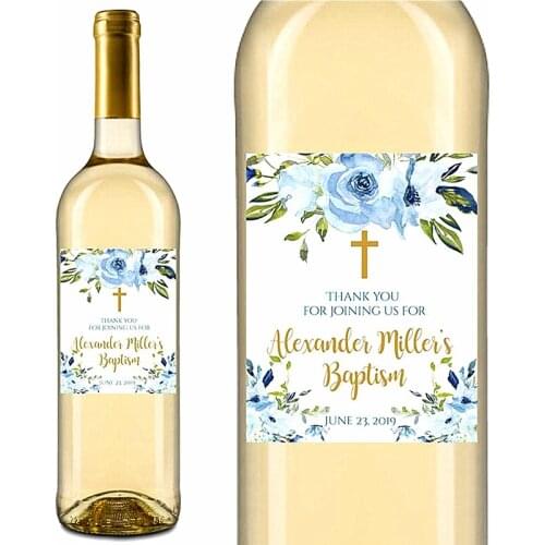 Custom Blue Floral Baptism Wine Label,Baby Baptism,First Communion,Flowers in full bloom,Thank You For Joining Wine Label Gift