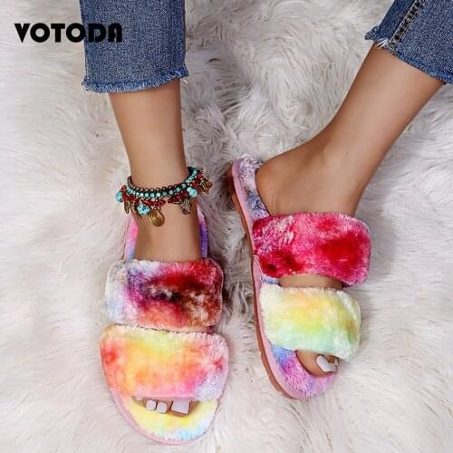 Women Furry Faux Fur Slippers Double Belt Flat Bottom Home Slides Cute Leopard Plush Flip Flops Winter Ladies Shoes Plus Size 45