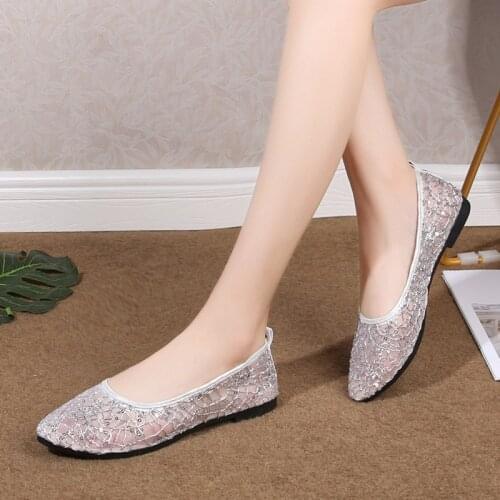 Lace Sequin Flats Women Shoes Pointed Toe Slip on Breath Lace Wedding Bridal Evening Party Womens Flat Ladies Shoes Pointed Toe
