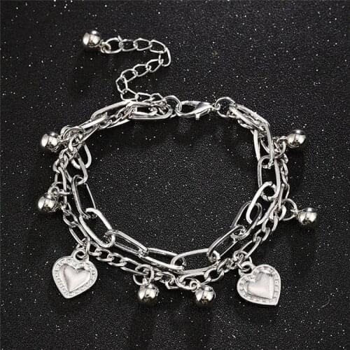 Hip Hop Cool Double Layered Linked Chain Heart Bracelets for Women Silver Color Metal Beads Charm Bracelet Street Style Jewelry