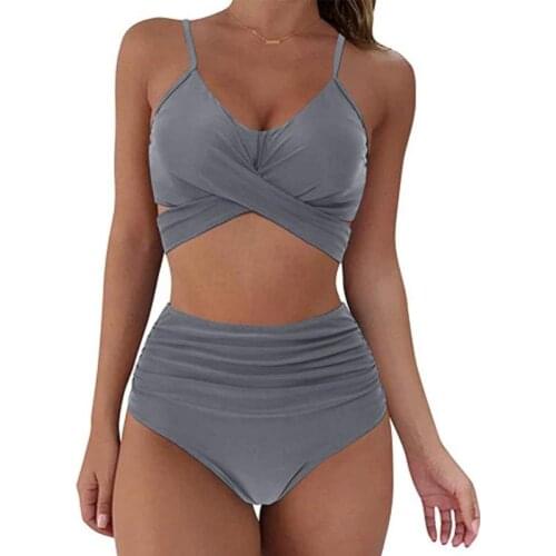 Women Bikini Set Cross High Waist Solid Color Split Ladies Swimsuit 2021Summer Fashion New Beach Soft Comfy Sexy Female Swimwear