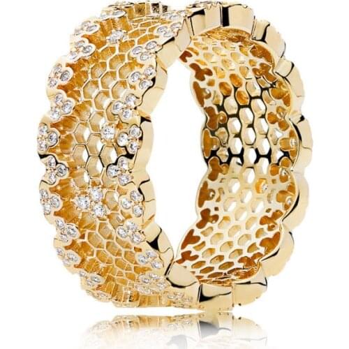 Authentic 925 Sterling Silver Pandora Ring OPen work Golden Shine Honeycomb Lace Rings For Women Wedding Party Gift Fine Jewelry