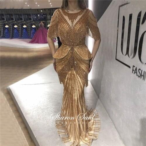 Luxury Dubai Gold Crystal Evening Dresses Long Beading Tassel Mermaid Arabic Prom Gowns Women Gold Wedding Formal Party Dress