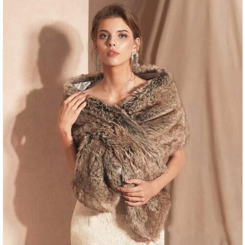 Winter Warm Faux Fur Women Shawl Thicken Daily Outdoor Lady Wrap Thermal Wedding Bride Stole Brown Dinner Party Keep-warm Cape
