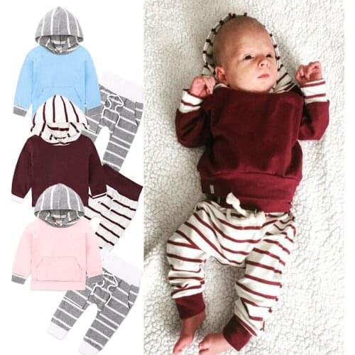 Baby Sweatwear Clothes Cotton Spring Autumn Hoodies Toddler Infant Boys Girls Unisex Outfits Newborn Striped Patchwork Sets 2Pcs