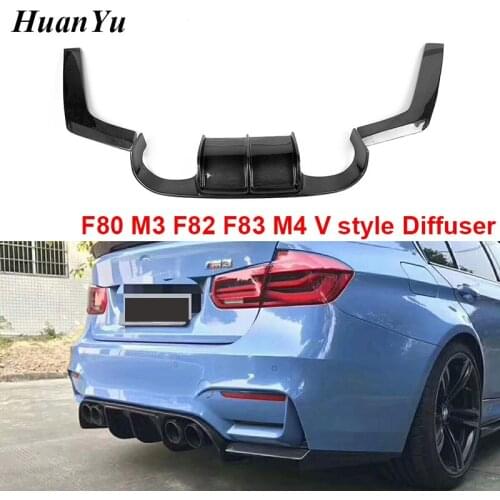 3pcs/Set F80 (M3) F82 F83 (M4) Carbon Fiber Diffuser with Splitter for BMW 3 & 4 Series M4 Back Rear Rear Lip Wings 2014+ V Type