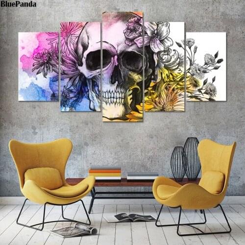 Skull With Flowers Abstract Canvas Printing Poster Wall Art Modern 5 Pieces Pictures For Living Room Home Decoration