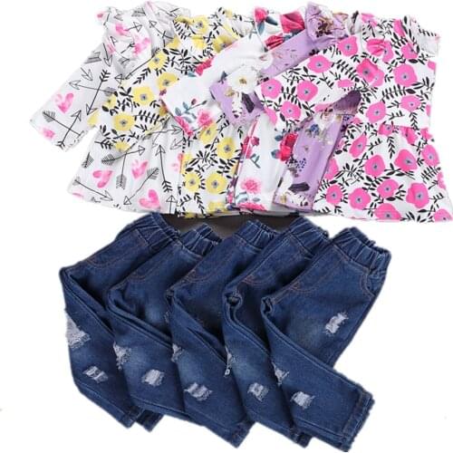 Citgeett Autumn New Kids Girls Suit Set Floral Print Round Neck Long Sleeve Top+ Ripped Jeans Denim Outfit Blouse Pants 2 Pieces