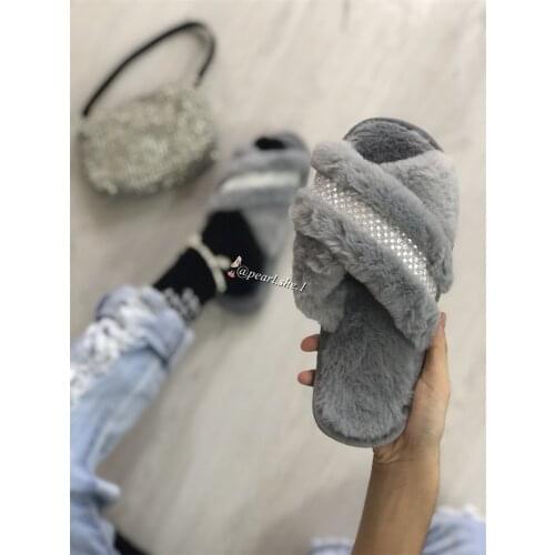 Designer Girl Fashion Fur Slippers Wholesale Faux Fur Cross Indoor Floor Slides Indoor Outdoor Shoes