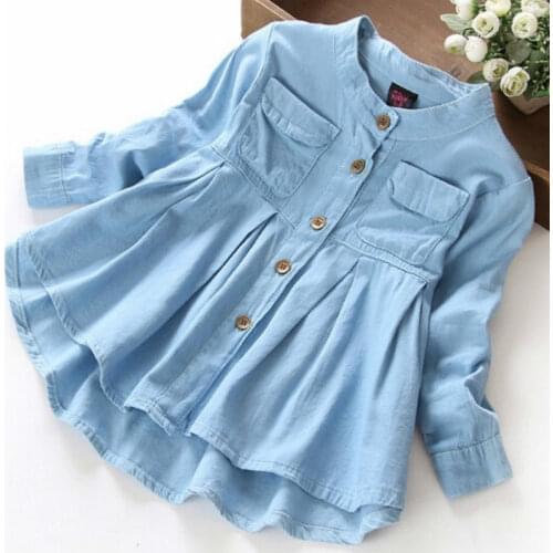 Girls Dress Toddler Kids Baby Girls Long Sleeve Small Pleated Light Buttoned Denim Dress Children Clothes 2-7Y Kids Clothes