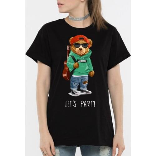 BLINGPAW Teddy Bear Lets Party Letter Print T-shirt White Cotton Unisex Top&Tees Summer Custom Tee Shirts