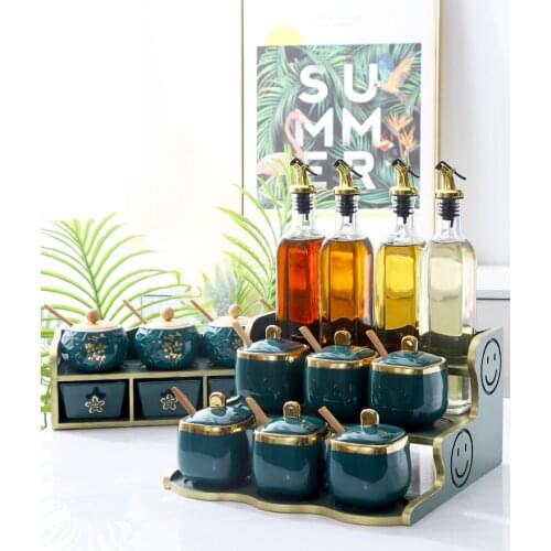 Emerald ceramic seasoning pot oil bottle combination household glass salt soy sauce vinegar pot ottle glass container jars