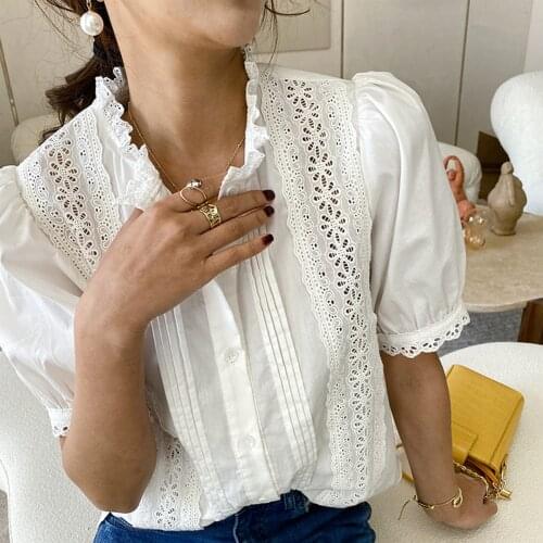 Jastie 2021 Summer Women Blouse Shirts Embroidered Lace Chic Boho Shirt White Short Sleeve Blouse Shirt Casual Beach Tops Blusas