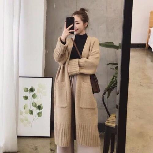 Lazy Wind Loose Mid-length Sweater Female Long-sleeved V-neck Pocket Solid Color Knitted Cardigan Sweater Women Spring Autumn