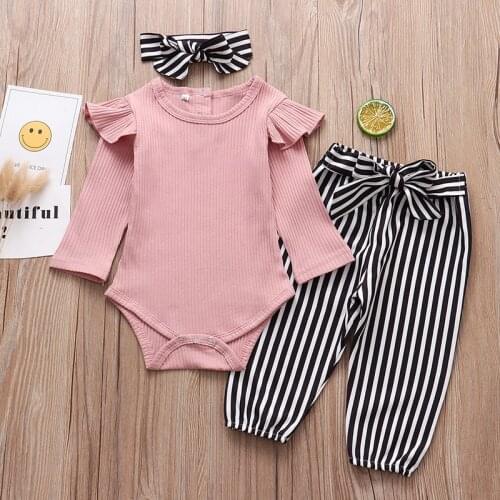 3Pcs Newborn Infant Baby Girl Clothing Sets Pink Solid Color Long Sleeve Romper Stripe Pants Headband Fashion Clothes Outfit Set