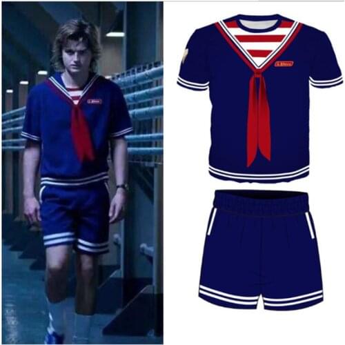 Stranger Things Season 3 Cosplay Costume Robin Printing Pullover Short Sleeve Sweatshirt Fashion Classic Navy Uniform Suit