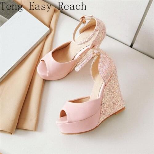 Fashion Wedge Sandals Bling Pink Glitter Shoes Peep Toe Platform Super High Heels Wedges Wedding Party Sandal Summer Sandals 43