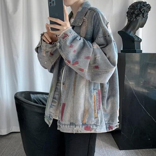 YASUGUOJI New 2021 Hip Hop Fashion Printed Jeans Jacket Men Cotton Streetwear Loose Hole Denim Jacket Coat for Men Spring Jacket