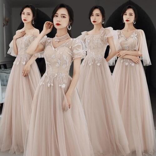 Bridesmaids Dresses Illusion Floor-Length A-Line Strapless Embroidery Lace Tulle Off The Shoulder Women Wedding Party Gown E110