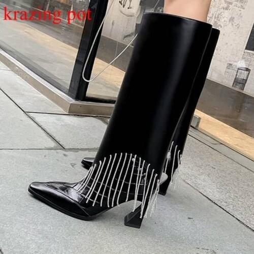 Krazing pot cow leather square toe riding boots slip on tassel fringe crystal beading high heels winter luxury knee-high boots