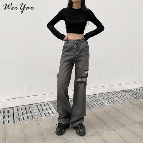 WeiYao Gray Vintage Hole Baggy Mom Jeans Women Low Waist Straight Leg Cargo Pants Korean Fashion Distressed Denim Trousers
