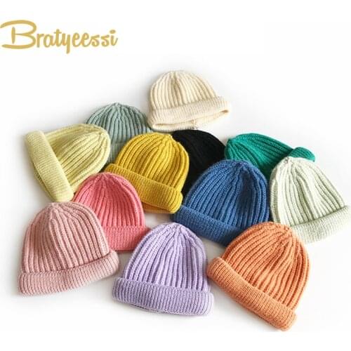 Cute Winter Kids Hat for Girls Boys Candy Color Kids Beanie Baby Hats Solid Color Warm Knitted Children Cap 2-7Y