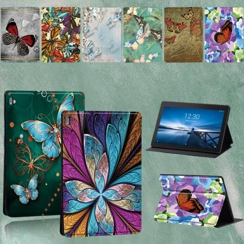 For Lenovo Tab M10 FHD Plus/Tab E10 10.1" Tablet Folding Leather Stand Cover for Tab M10 10.1" Butterfly Pattern Case+Stylus