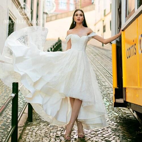 Michelle Royce A-Ling Wedding Dresses 2020 Sexy Sweetheart Off the Shoulder Sleeveless Tea-Length Lace Up Vestido De Noiva