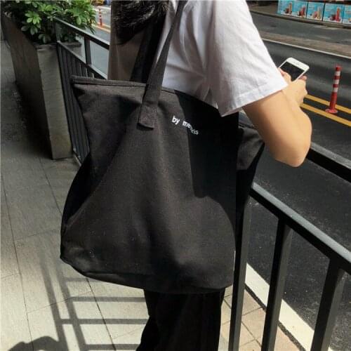 Women Shoulder Bags Large Capacity Korea Simple Letter Handbags Tote Leisure Eco Resuable Ulzzang Thick Canvas Bags Black White