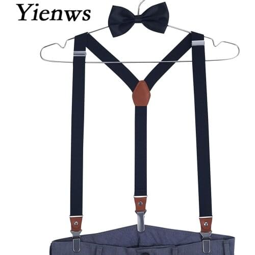 Yienws Mens Suspenders And Bow Tie Adult 3 Clip Button Pants Braces Suspensorio Women Pink Red Suspenders Bowtie Set YiA036