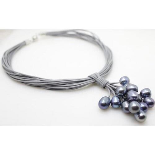 Women Jewelry deep gray black pearl pendant Multilayer necklace Genuine gray Leather natural freshwater pearl Magnet clasp