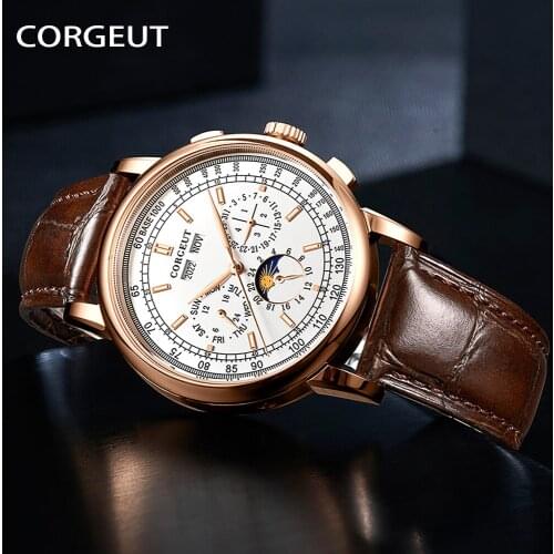 CORGEUT Luxury Multifunction Mens Watches Male Clocks Date Sport Military Clock Leather Mechanical Business Orologio da uomo