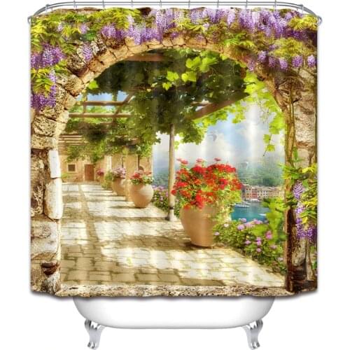 Digital Flowers Bridge with Arch View on The Town Scenic Shower Curtains Bathroom Curtain Waterproof Fabric for Bathtub Decor