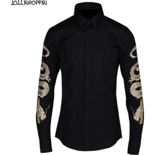 Dragon Embroidery Long Sleeves Casual Shirt Men Turn Down Collar Chinese Style Cotton Shirts Black / White High Quality