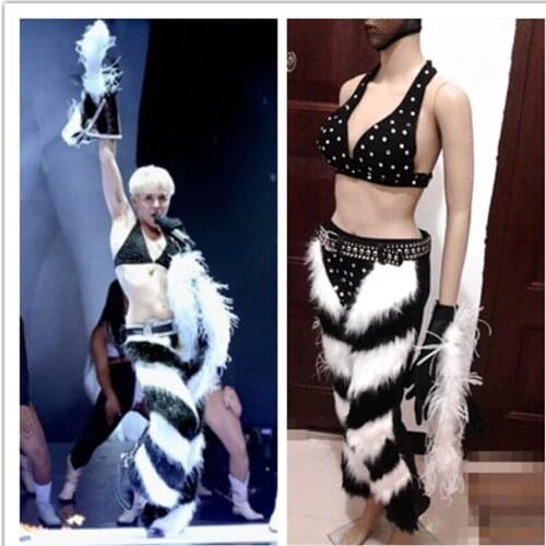Singer Fur performance costume 3-piece bar DS GOGO dance outfit singer stage show bikini pants ostrich feather sleeves