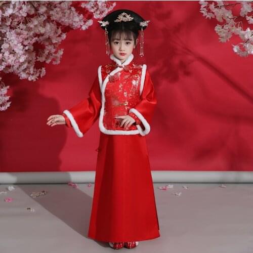 Cute Girls' Qipao Dress New Year Gift Kids Party Clothes Costume Children Chinese Half Sleeve Cheongsam New Year Dress Cosplay