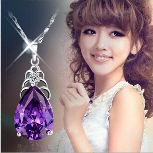TJP Trendy Crystal Purple Water-Drop Pendant Necklace Female Party Accessories Charm 925 Silver Necklace For Women Jewelry Bijou