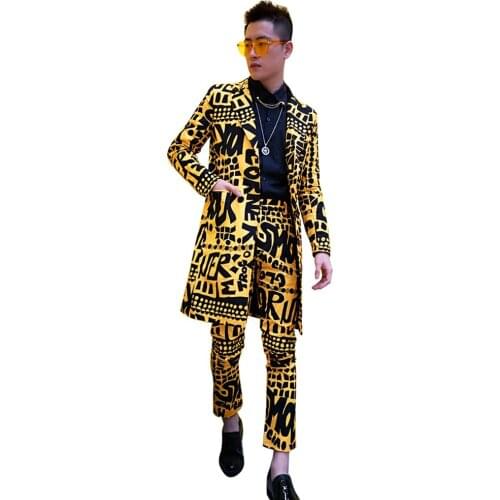 Men Long Casual Slim Fit Suits Sets 2PCS (jacket+pant) Male Slim Fit Blazer Yellow Suit Jacket Nightclub Stage Singer DJ Clothes