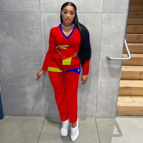 Fall Clothes Sexy Two Piece Set Women Printed V-neck Long-sleeve Crop Top+Pants Sets Club Outfits Sports Streetwear Wholesale