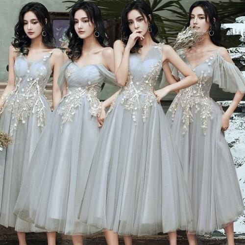 Bridesmaids Dresses Illusion Pleat Spaghetti Straps A-Line V-Neck Appliques Lace Tulle Ankle-Length Lady Wedding Party Gown E370
