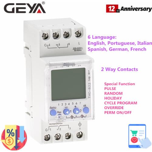 GEYA THC-822 Conversational Programmable Timer 2Channel Changeover Contacts Digital Timer Switch with Battery 16A 220V